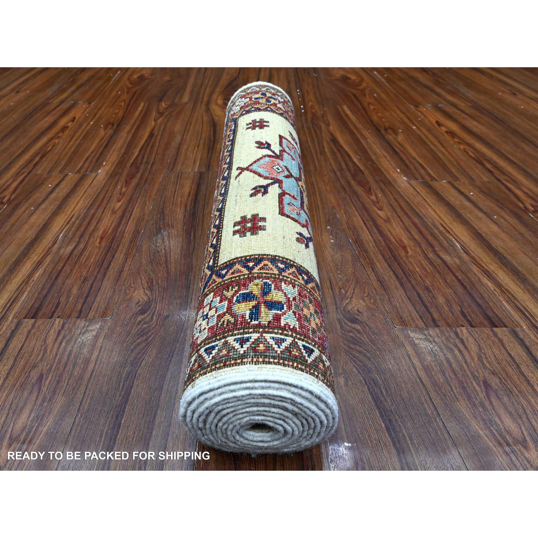 2'7"x10'7" Egg White and Ruby Red, Hand Knotted 100% Wool, Afghan Super Kazak All Over Large Motifs, Natural Dyes, Runner Oriental Rug HR89561 - Image 4