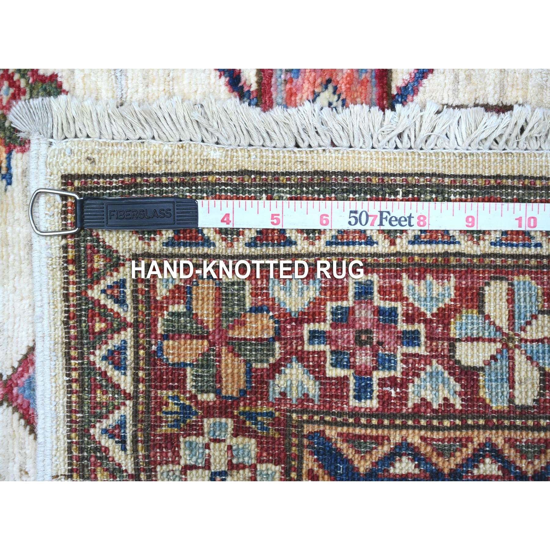 2'7"x10'7" Egg White and Ruby Red, Hand Knotted 100% Wool, Afghan Super Kazak All Over Large Motifs, Natural Dyes, Runner Oriental Rug HR89561 - Image 6
