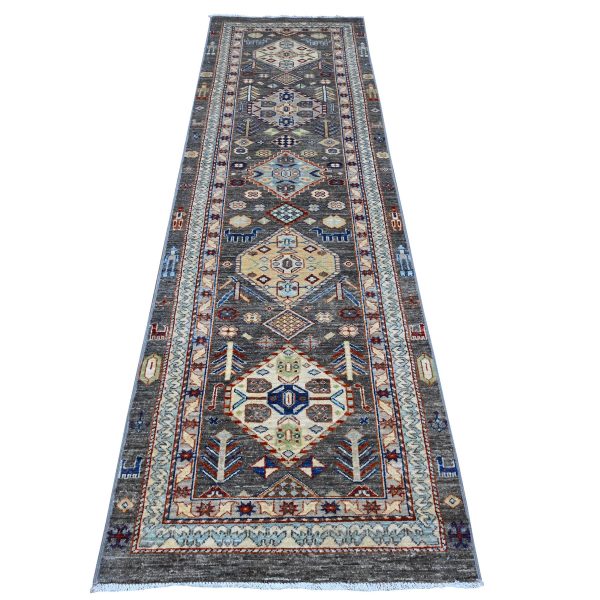 2'7"x9'6" Zombie Gray, Vegetable Dyes, Fine Aryana With Animal And Human Figurines, Shiny Wool, Hand Knotted, Runner Oriental Rug HR89604