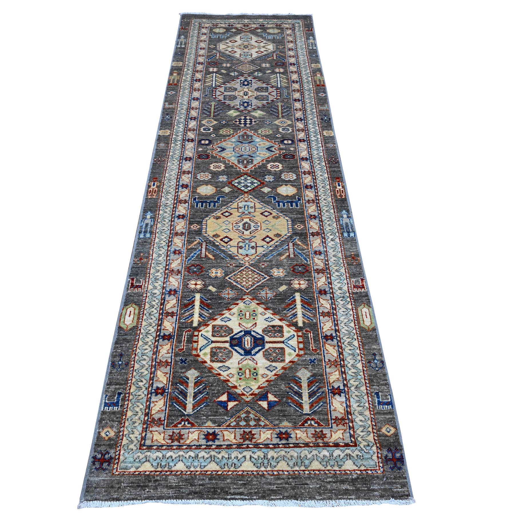 2'7"x9'6" Zombie Gray, Vegetable Dyes, Fine Aryana With Animal And Human Figurines, Shiny Wool, Hand Knotted, Runner Oriental Rug HR89604