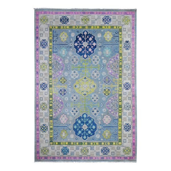 5'10"x8'10" Glaucous Gray, Fusion Kazak With Colorful And Vibrant Caucasian All Over Design, Hand Knotted, Soft And Shiny Wool, Oriental Rug HR89610