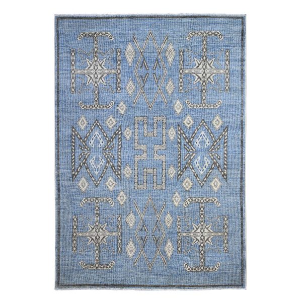 6'x8'8" Queen Blue, Vegetable Dyes, Hand Knotted, Berber Influence, Densely Woven, Snowflake Geometric Design Peshawar Oriental Rug HR89613