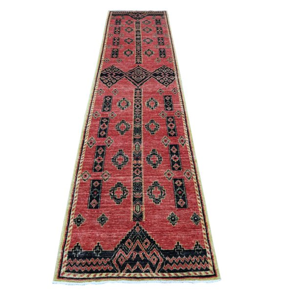 2'7"x11'2" Indian Red, Pure And Soft Wool, Densely Woven, Hand Knotted Geometric Pattern, Peshawar With Berber Influence, Vegetable Dyes, Runner Oriental Rug HR89615