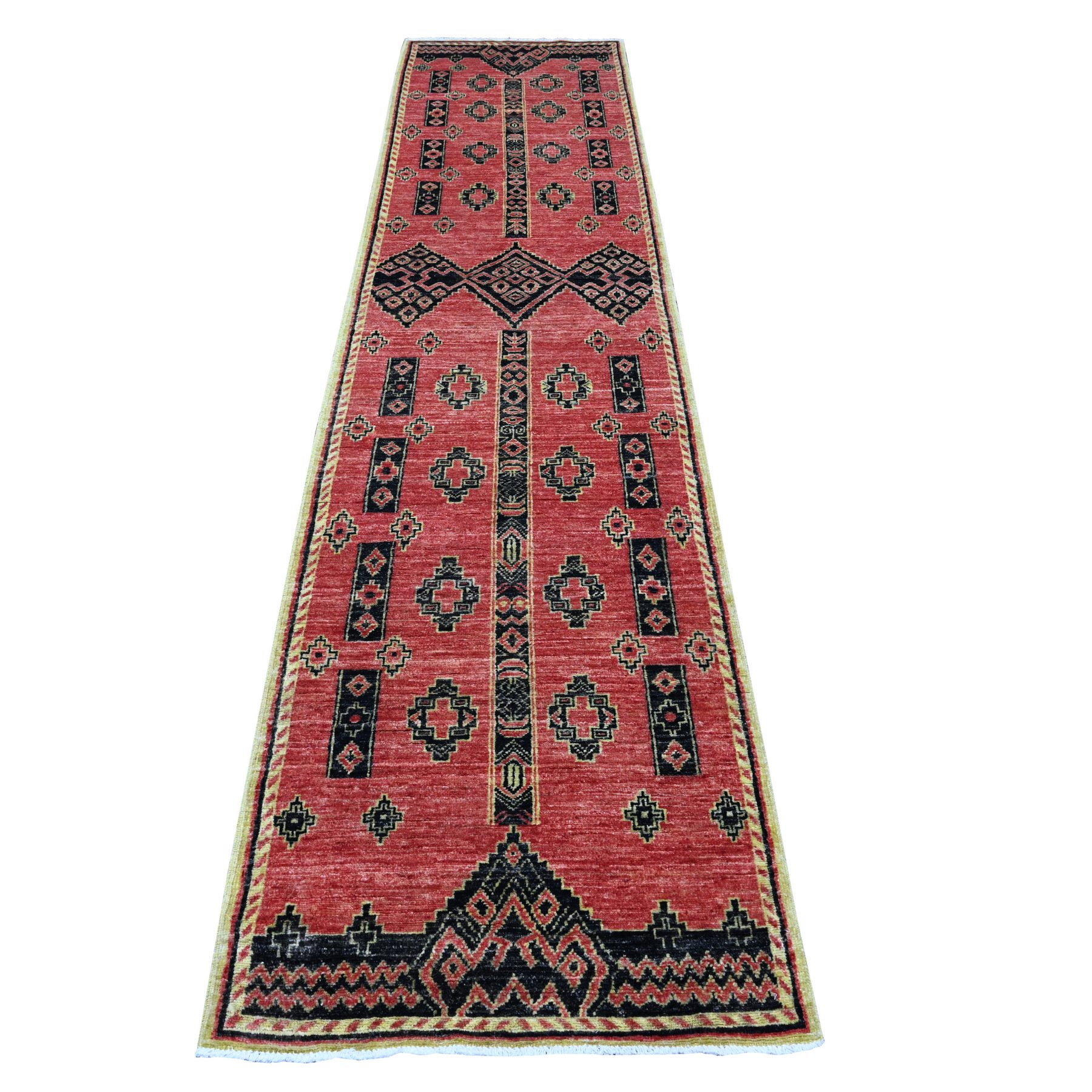 2'7"x11'2" Indian Red, Pure And Soft Wool, Densely Woven, Hand Knotted Geometric Pattern, Peshawar With Berber Influence, Vegetable Dyes, Runner Oriental Rug HR89615