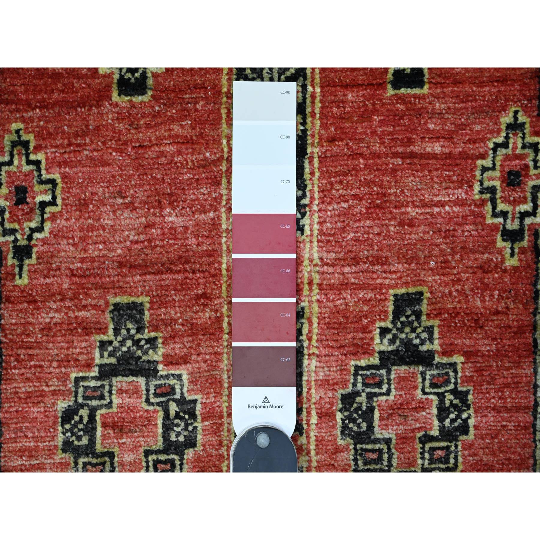 2'7"x11'2" Indian Red, Pure And Soft Wool, Densely Woven, Hand Knotted Geometric Pattern, Peshawar With Berber Influence, Vegetable Dyes, Runner Oriental Rug HR89615 - Image 3