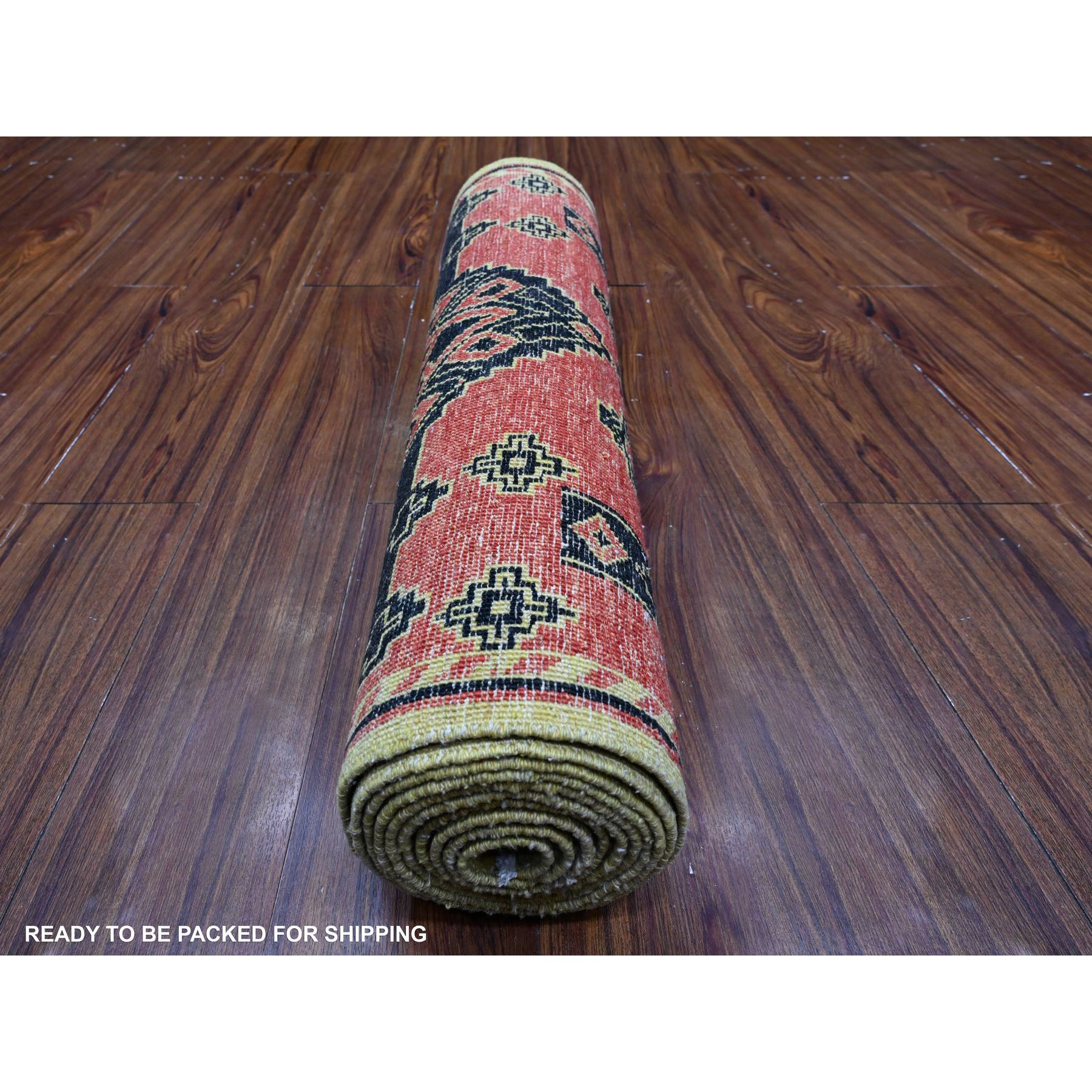 2'7"x11'2" Indian Red, Pure And Soft Wool, Densely Woven, Hand Knotted Geometric Pattern, Peshawar With Berber Influence, Vegetable Dyes, Runner Oriental Rug HR89615 - Image 4