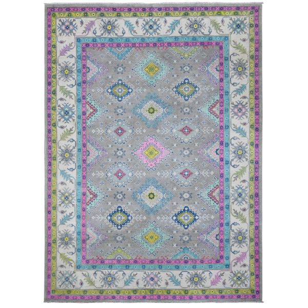 8'2"x11'5" Vintage Gray, Multiple Borders, Velvety Wool, Caucasian All Over Design, Hand Knotted, Colorful, Fusion Kazak, Oriental Rug HR89641