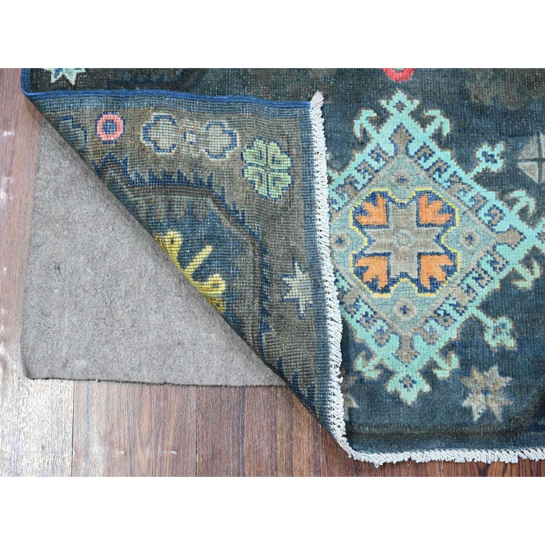 3'2"x5' Space Black, Fusion Kazak With Colorful Caucasian Elements All Over Design, All Wool, Hand Knotted Oriental Rug HR89712 - Image 2