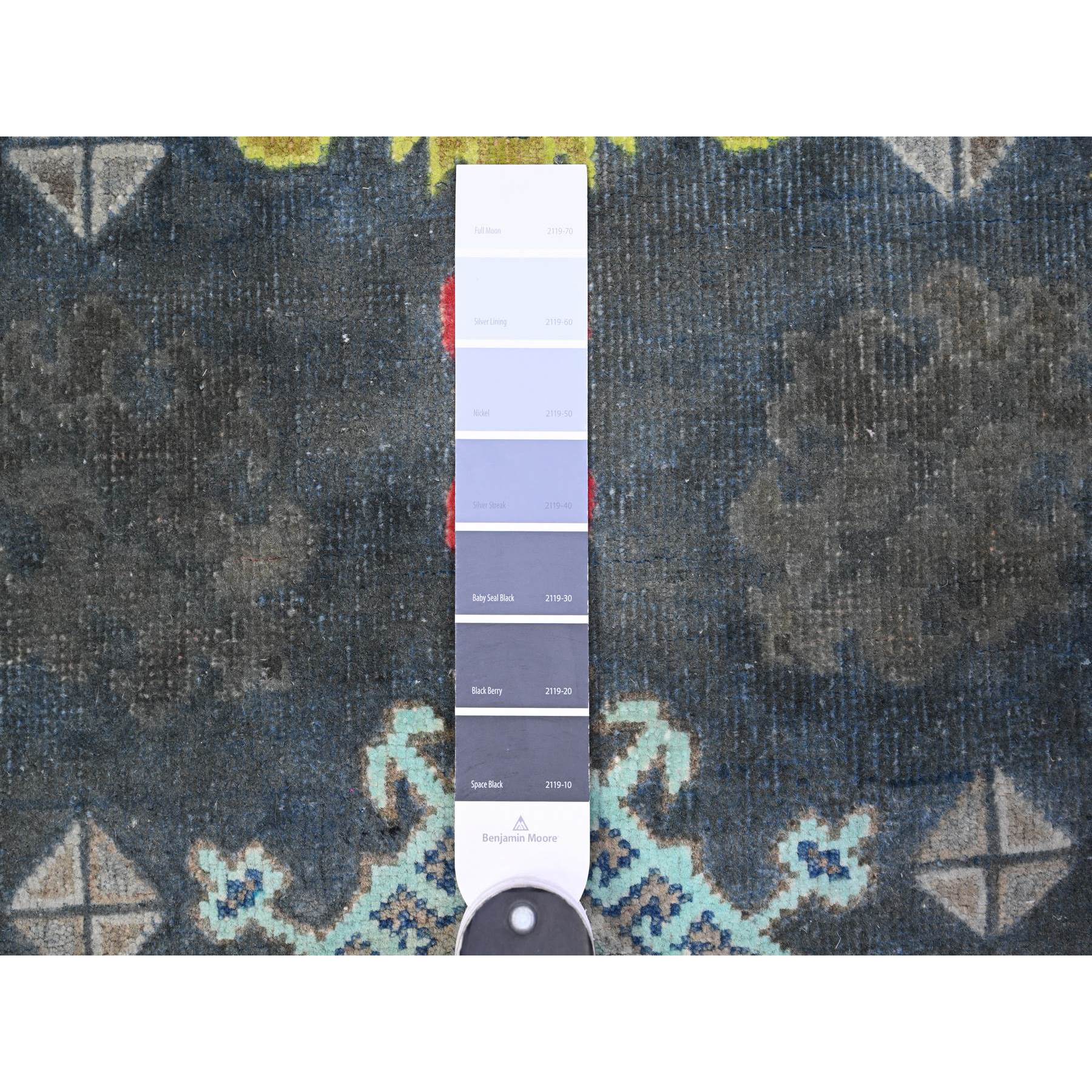 3'2"x5' Space Black, Fusion Kazak With Colorful Caucasian Elements All Over Design, All Wool, Hand Knotted Oriental Rug HR89712 - Image 3