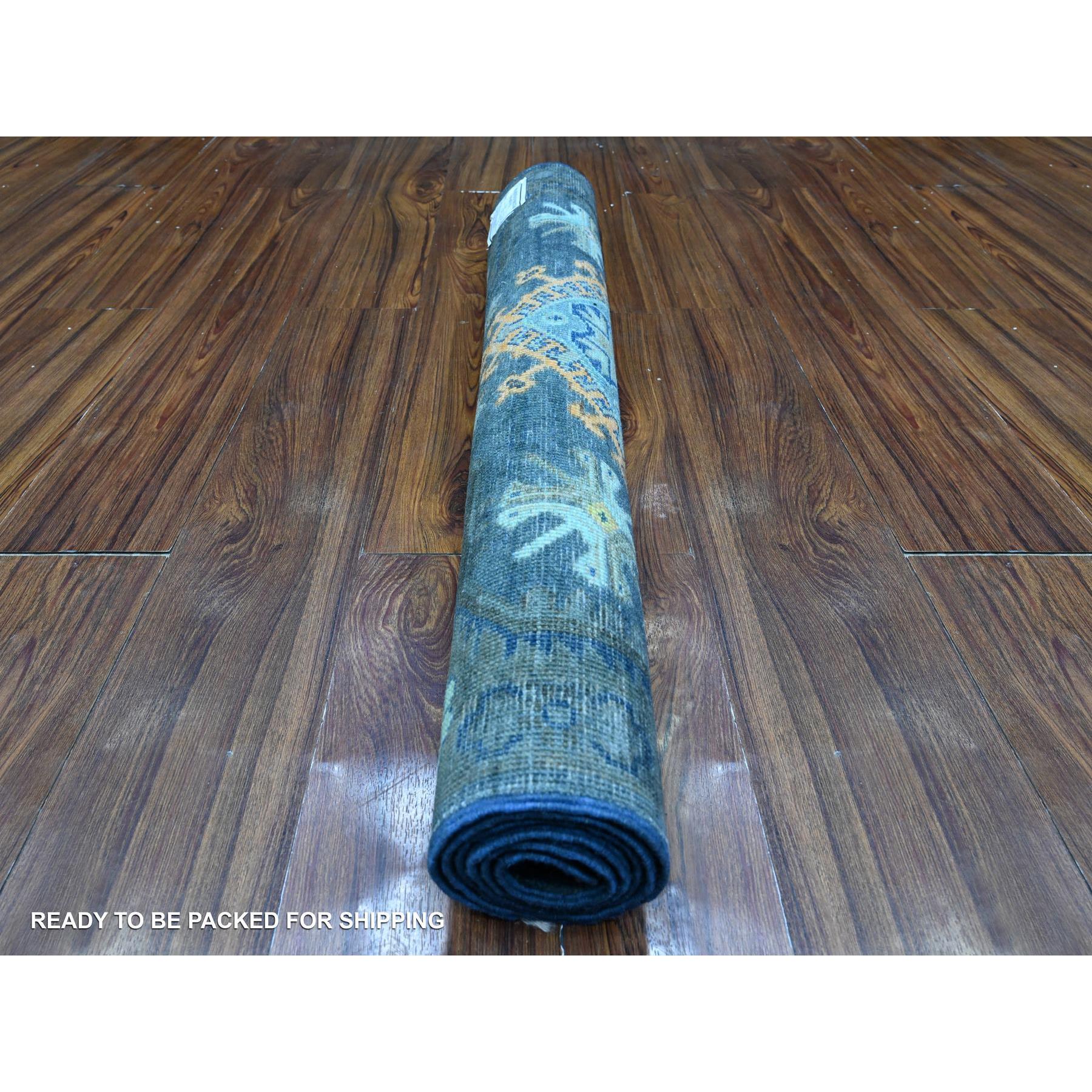 3'2"x5' Space Black, Fusion Kazak With Colorful Caucasian Elements All Over Design, All Wool, Hand Knotted Oriental Rug HR89712 - Image 4
