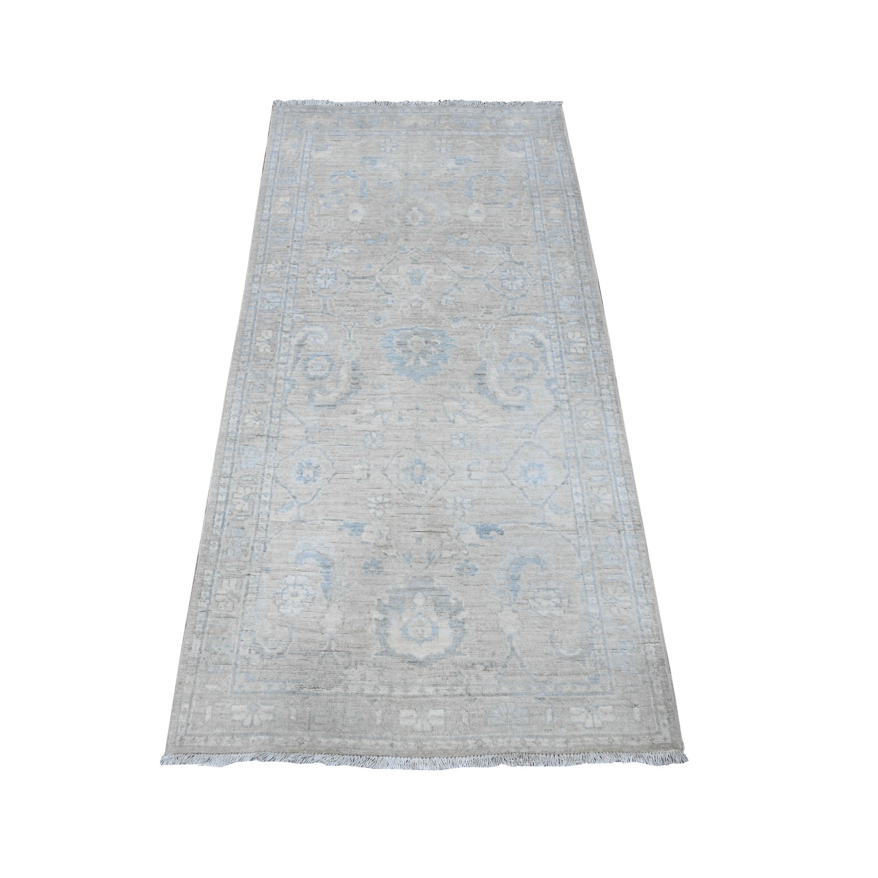 2'9"x5'6" Gainsboro Gray, Hand Knotted, Natural Dyes, White Wash Peshawar With Heriz All Over Design, Soft And Velvety Wool, Fine Aryana Short Runner Oriental Rug HR89718