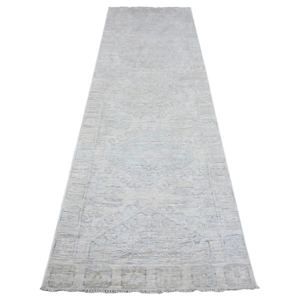 3'x9'4" Alabaster White, Anatolian Inspired Tribal Geometric Elements, All Wool, Hand Knotted, Natural Dyes, Faded Out Runner Oriental Rug HR89721