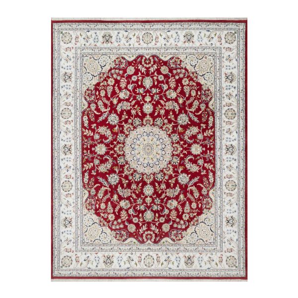 7'10"x10'3" Falu Red, Wool and Silk, 250 KPSI, Nain with Center Medallion Flower Design, Hand Knotted, Oriental Rug HR90854