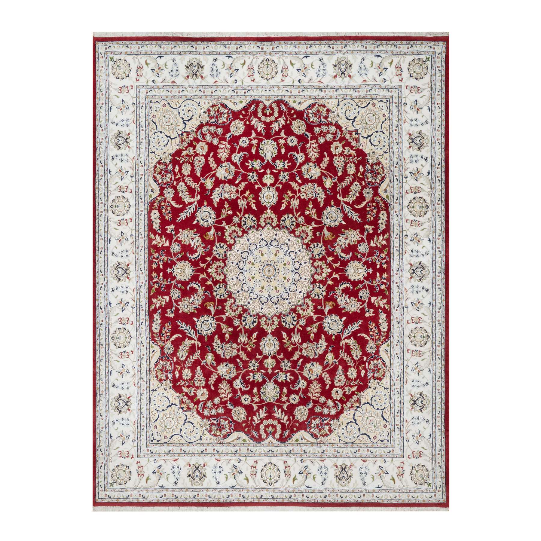 7'10"x10'3" Falu Red, Wool and Silk, 250 KPSI, Nain with Center Medallion Flower Design, Hand Knotted, Oriental Rug HR90854