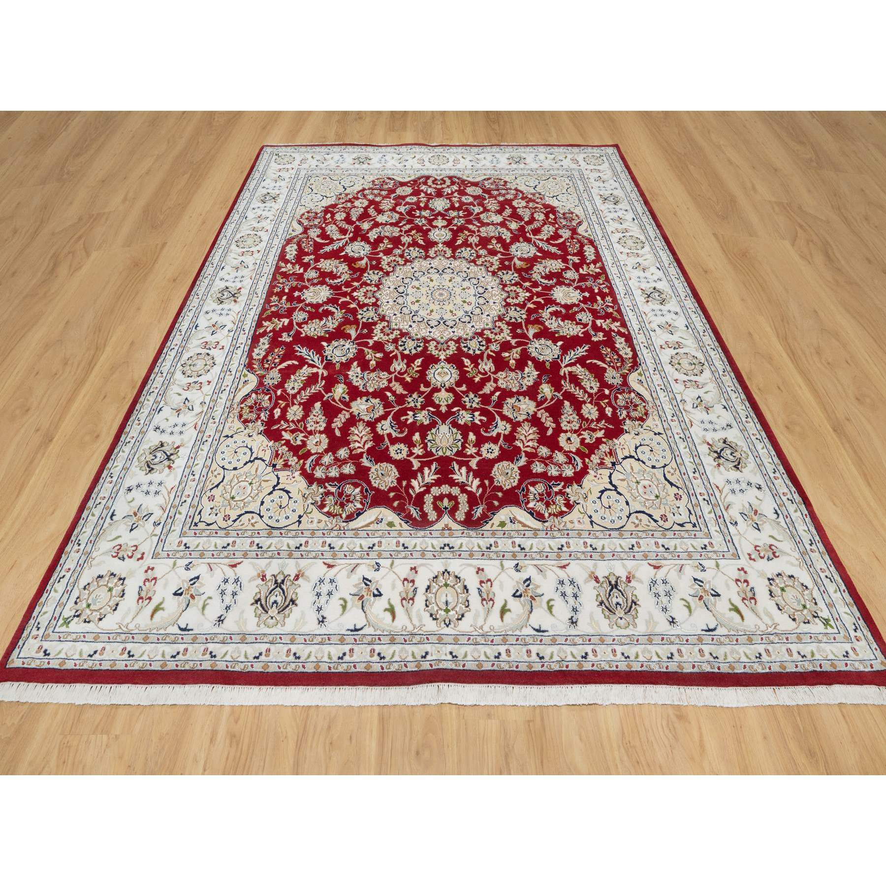 7'10"x10'3" Falu Red, Wool and Silk, 250 KPSI, Nain with Center Medallion Flower Design, Hand Knotted, Oriental Rug HR90854 - Image 2