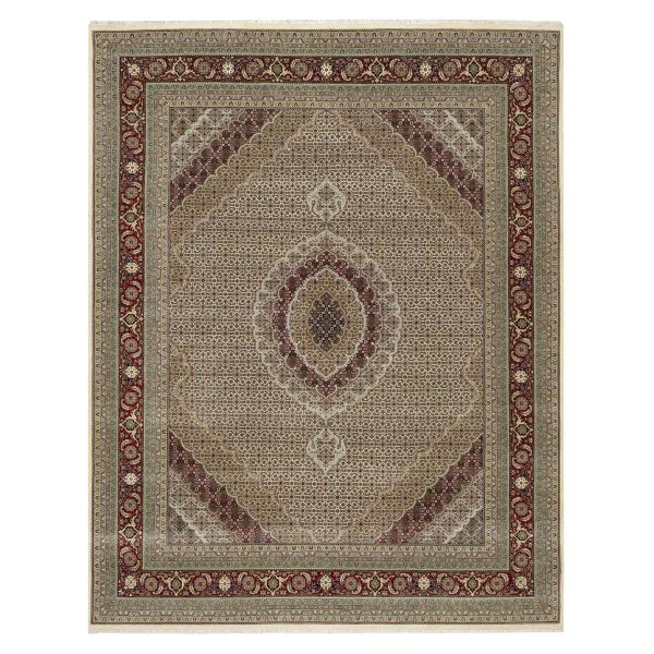 8'x10' Photon White, Super Mahi with Large Medallion, Hand Knotted, Wool and Silk, 250 KPSI, Oriental Rug HR90862
