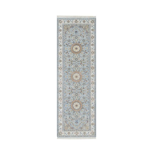 2'8"x8'4" Beau Blue, Nain with Large Center Medallion, 250 KPSI, Wool and Silk, Hand Knotted, Runner, Oriental Rug HR90880