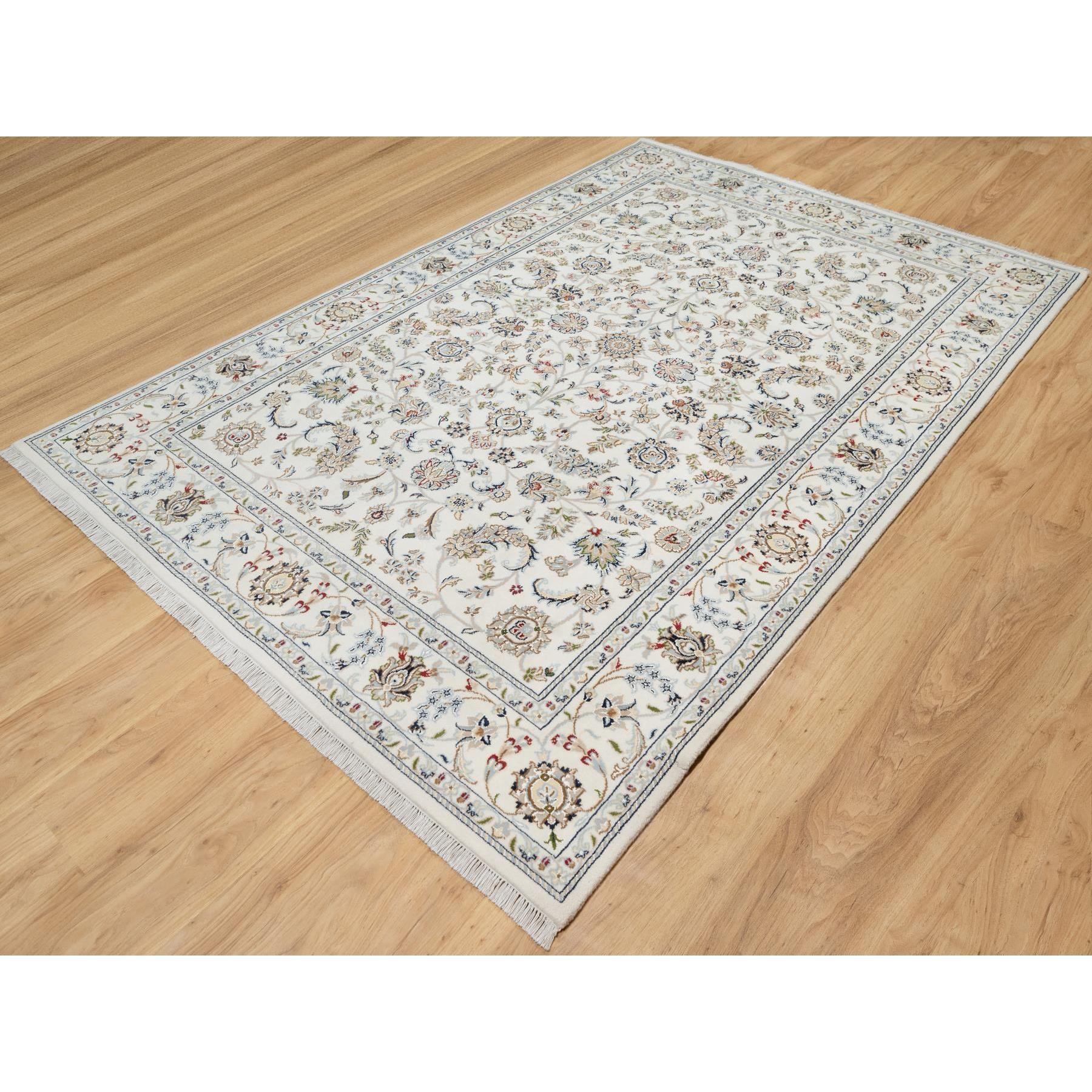 5'10"x9'1" Natural White, Hand Knotted, Nain All Over Floral Design, 250 KPSI, Wool and Silk, Oriental Rug HR90896 - Image 3