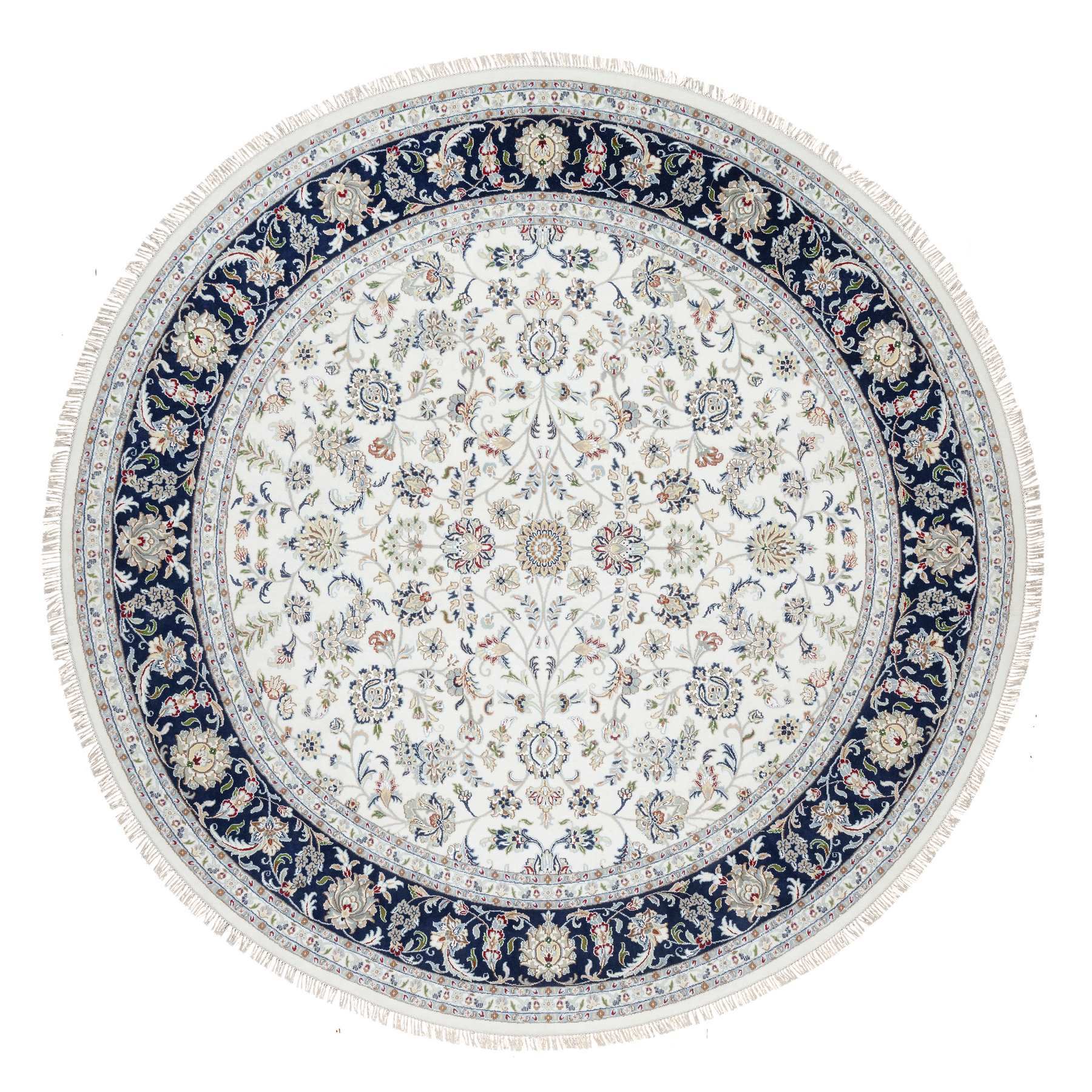 9'9"x9'9" Rice White, Hand Knotted, Wool and Silk, Nain All Over Flower Design, 250 KPSI, Oriental Rug HR90907