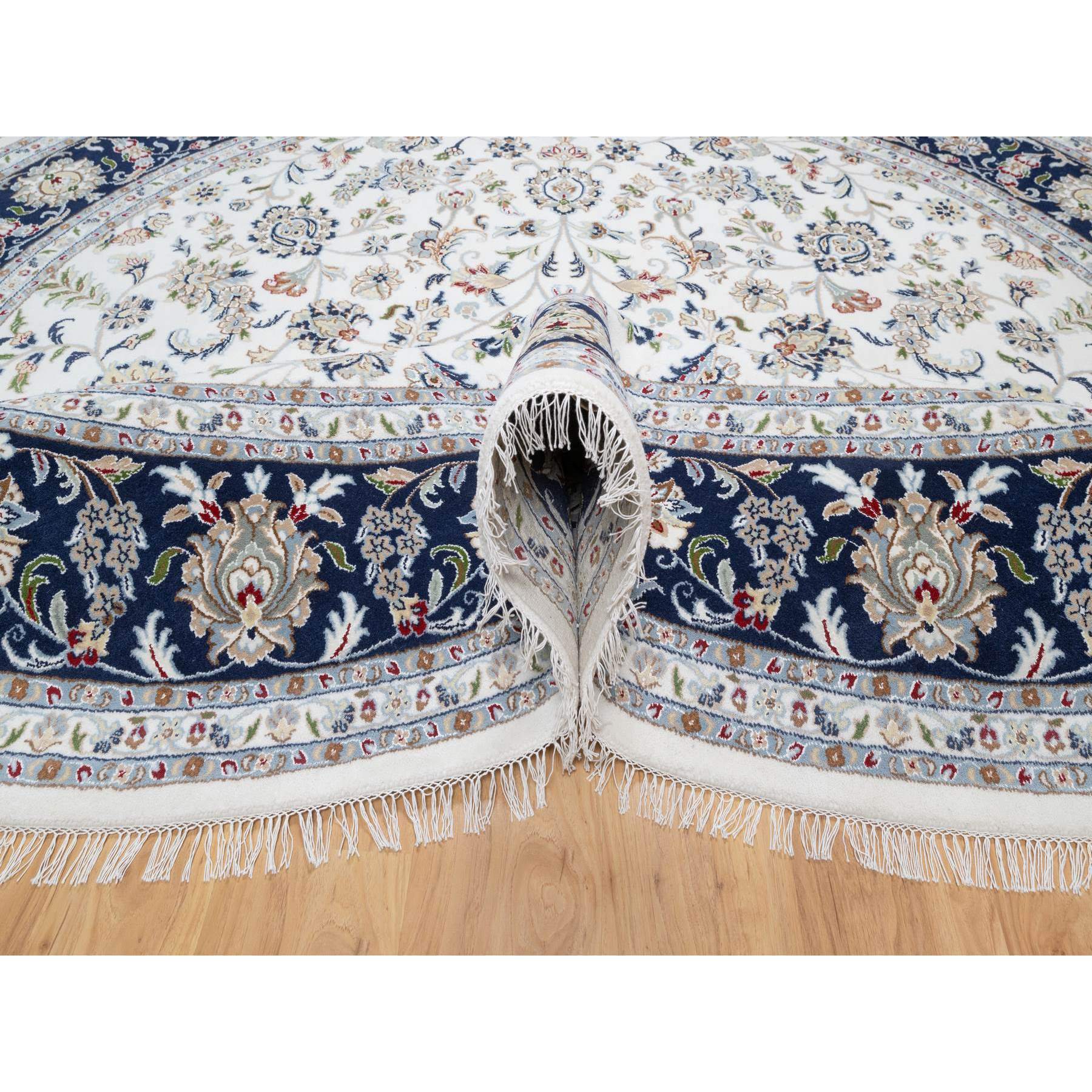 9'9"x9'9" Rice White, Hand Knotted, Wool and Silk, Nain All Over Flower Design, 250 KPSI, Oriental Rug HR90907 - Image 5