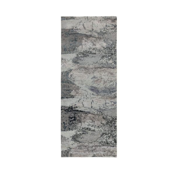 2'8"x7'8" Gray Abstract Design Wool And Silk Runner Hand Knotted Oriental Rug HR58458