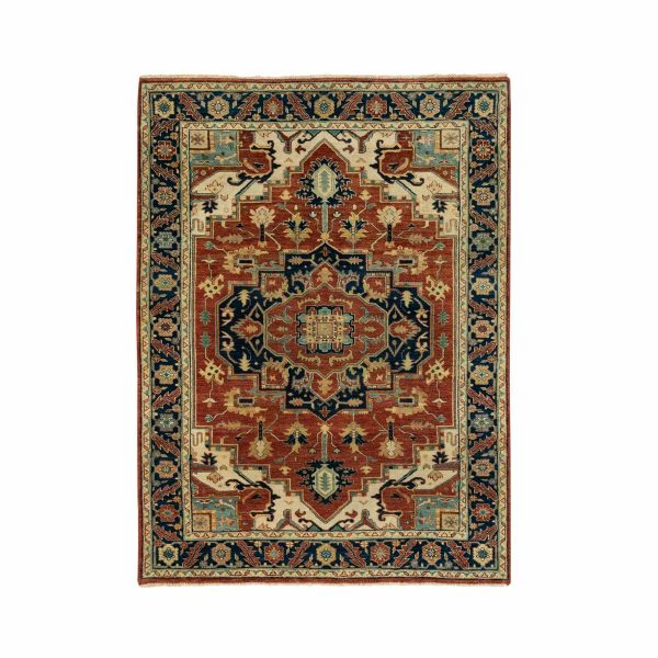4'1"x6' Hand Knotted Red Antiqued Heriz Re-Creation Geometric Design Pure Wool Oriental Rug HR62021