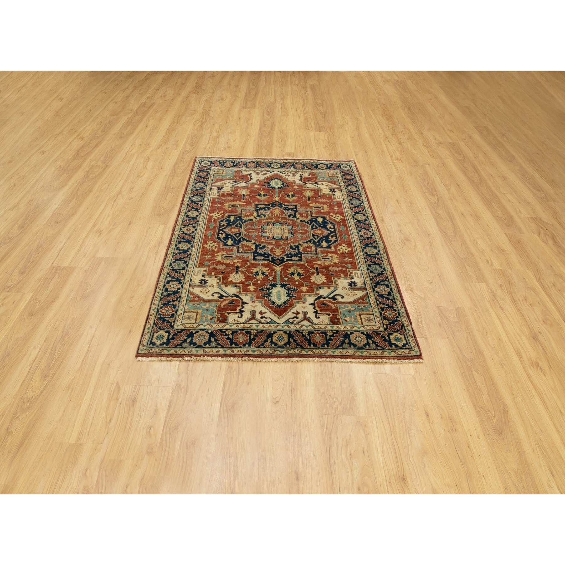 4'1"x6' Hand Knotted Red Antiqued Heriz Re-Creation Geometric Design Pure Wool Oriental Rug HR62021 - Image 2
