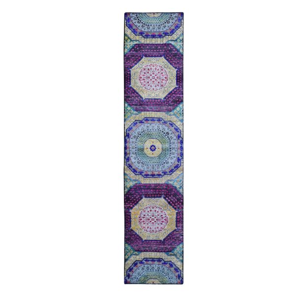2'7"x12' Sari Silk with Textured Wool Mamluk Design Colorful Hand Knotted Wide Runner Oriental Rug HR66696