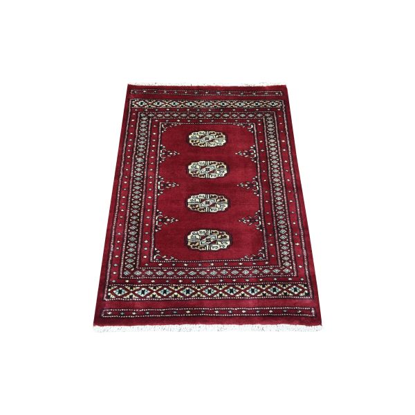 2'7"x3'9" Extra Soft Wool Hand Knotted Mori Bokara with Tribal Medallions Design Deep and Rich Red Oriental Rug HR69214