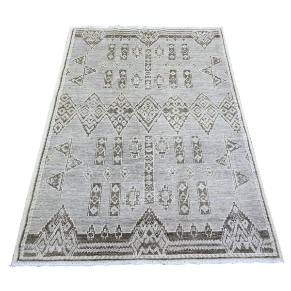 4'x5'8" Ash Gray, Pure Wool Hand Knotted, Fine Peshawar with Intricate Geometric Motifs Natural Dyes, Oriental Rug HR74190