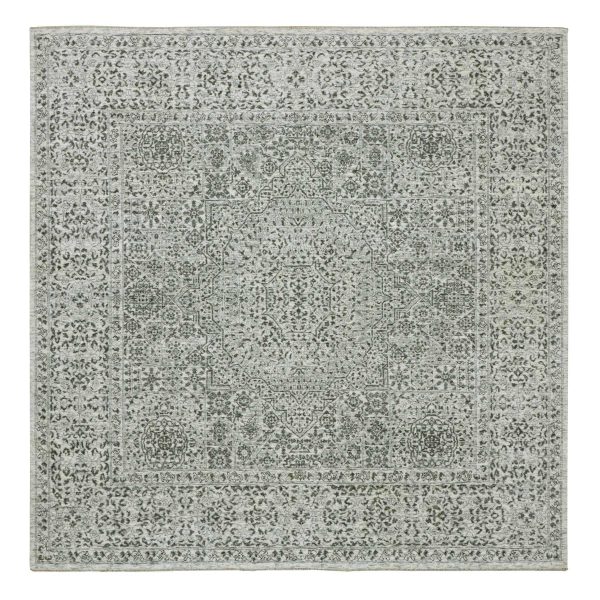 8'x8' Marshmallow White, Undyed Mamluk Dynasty Design, Tone on Tone, Pure Wool, Hand Knotted Square Oriental Rug HR76011