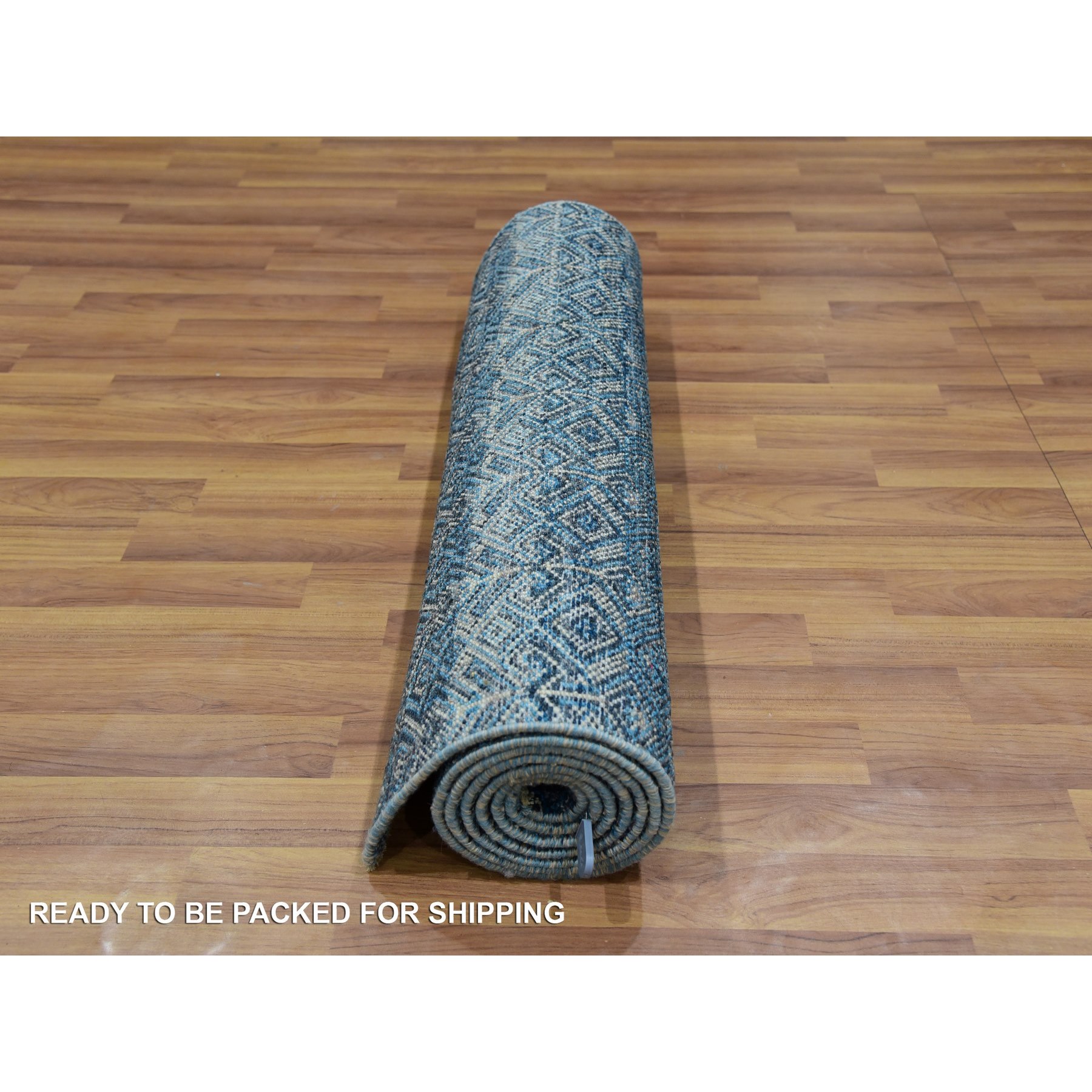 2'8"x8'1" Azure Blue, Hand Knotted, Borderless Kohinoor Herat, All Over Small Geometric Repetitive Diamond Pattern, Shiny Soft Wool, Runner Oriental Rug HR76014 - Image 5