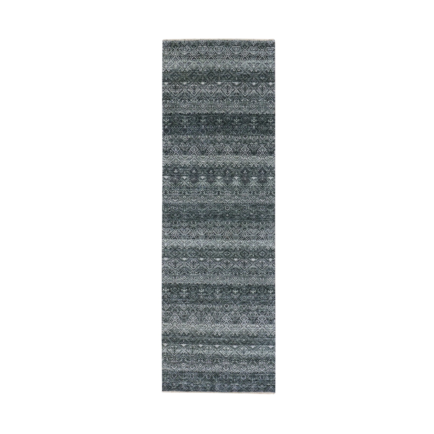 2'7"x8' Onyx Gray, Hand Knotted, Soft Pile Extra Soft Wool, Small Geometric Repetitive Kohinoor Herat Pattern, Runner Oriental Rug HR76021