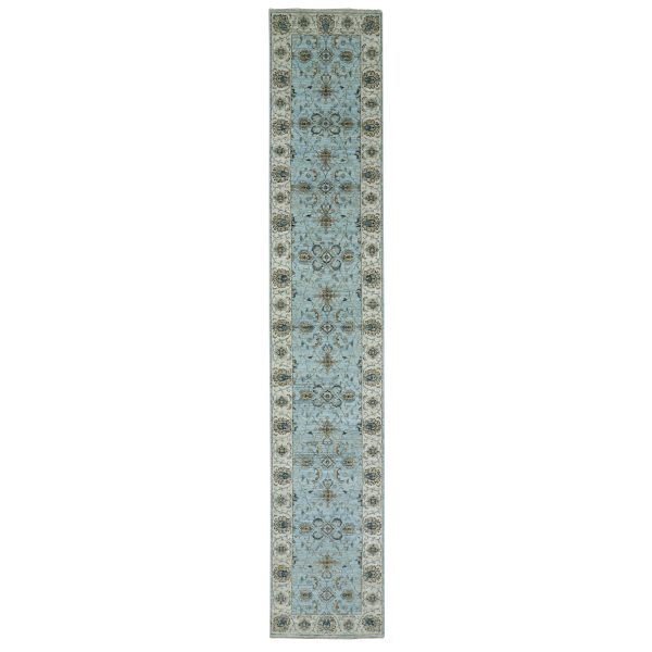 2'6"x14' Reverie Blue With Casabianca White Border, Hand Knotted, Soft and Shiny Wool, Natural Dyes, Agra Shah Abbas With Flower Pattern and Leafy Vein, Densely Woven, Runner Oriental Rug HR76033