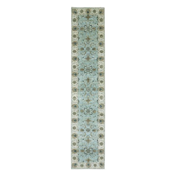 2'6"x12' Periwinkle Blue, Agra Vegetable Dyes, Shah Abbas Design With Floral Lattice, Hand Knotted  Densely Woven, Vibrant Wool, Runner Oriental Rug HR76035