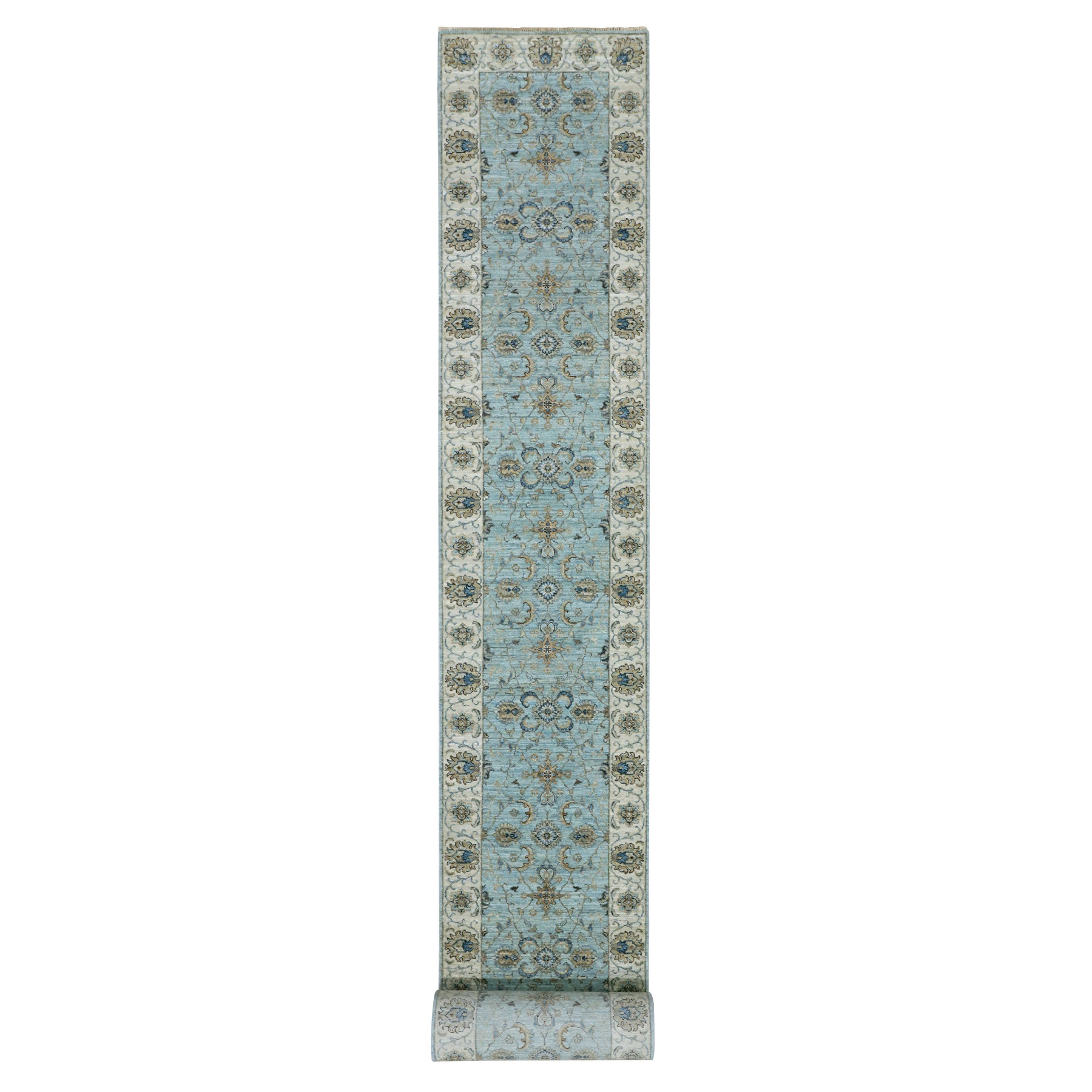 2'6"x25'8" Cerulean Blue, Hand Knotted Natural Dyes, Pure Wool, Denser Weave, Shah Abbas XL Runner With Floral Design, Agra Oriental Rug HR76037