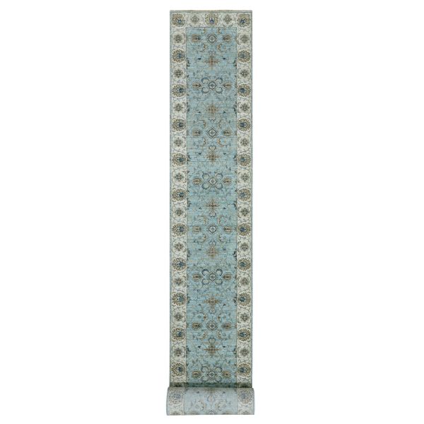 2'9"x24'3" Sapphire Blue, Hand Knotted All Wool, Vegetable Dyes and Densely Woven, Agra With Shah Abbas Floral Pattern, XL Runner Oriental Rug HR76038