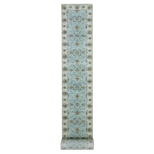 2'8"x29'9" Tiffany Blue With Cornsilk White, Shiny Wool, Hand Knotted Vegetable Dyes, Shah Abbas Agra Floral Motifs, Densely Woven XL Runner Oriental Rug HR76039
