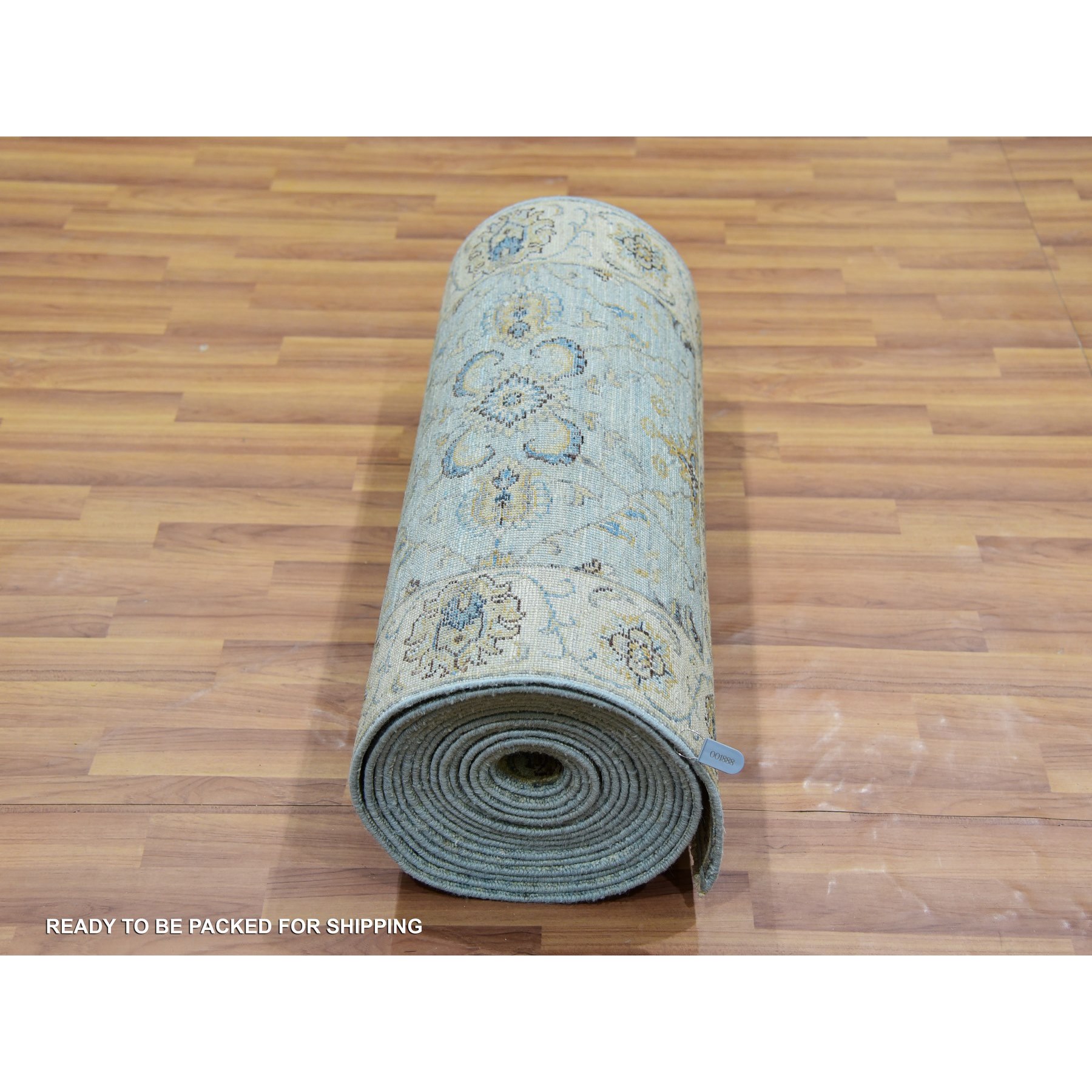 2'8"x29'9" Tiffany Blue With Cornsilk White, Shiny Wool, Hand Knotted Vegetable Dyes, Shah Abbas Agra Floral Motifs, Densely Woven XL Runner Oriental Rug HR76039 - Image 5