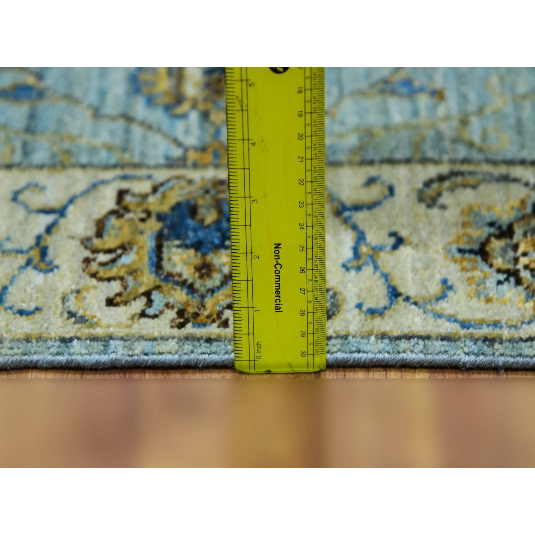 2'8"x29'9" Tiffany Blue With Cornsilk White, Shiny Wool, Hand Knotted Vegetable Dyes, Shah Abbas Agra Floral Motifs, Densely Woven XL Runner Oriental Rug HR76039 - Image 6
