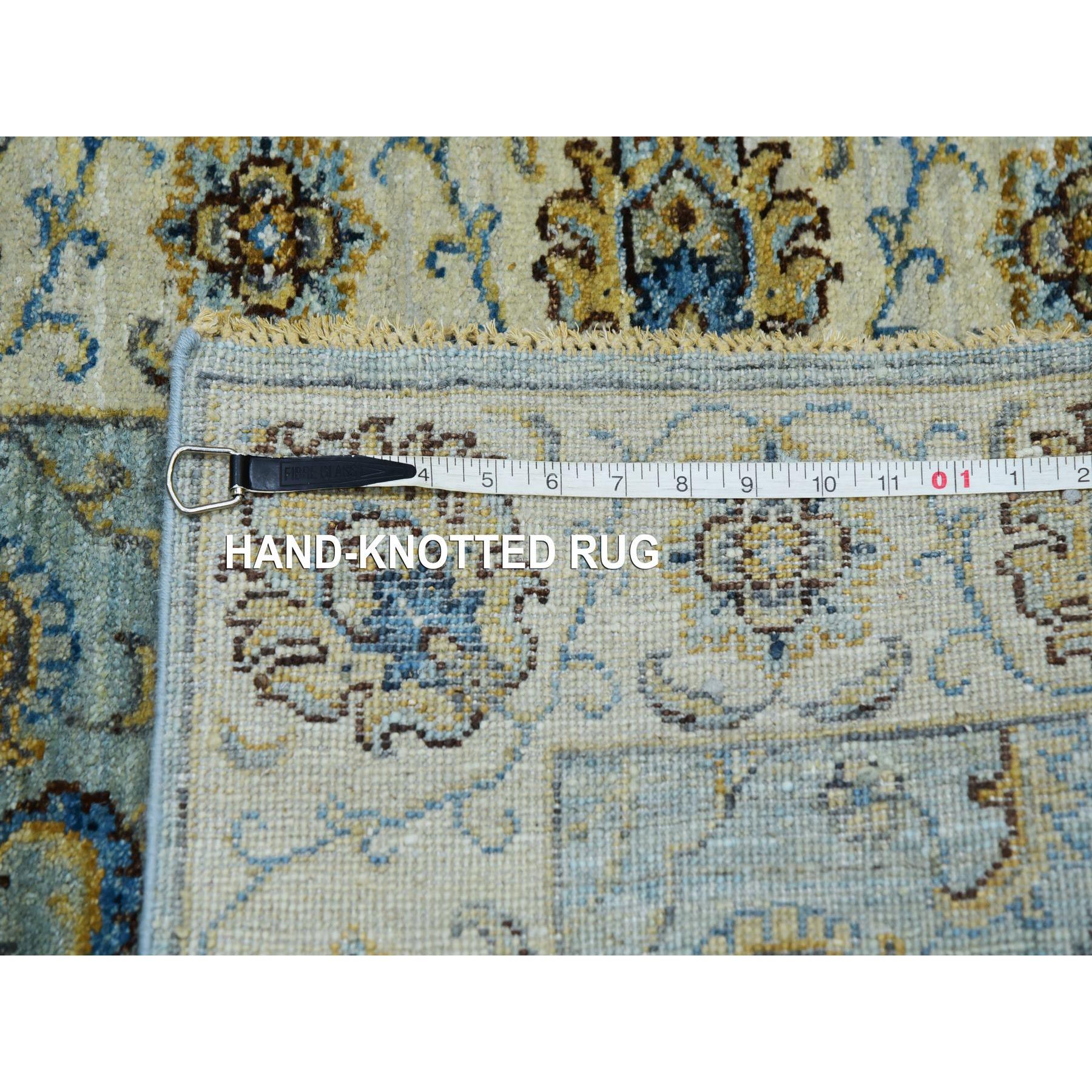2'8"x29'9" Tiffany Blue With Cornsilk White, Shiny Wool, Hand Knotted Vegetable Dyes, Shah Abbas Agra Floral Motifs, Densely Woven XL Runner Oriental Rug HR76039 - Image 7
