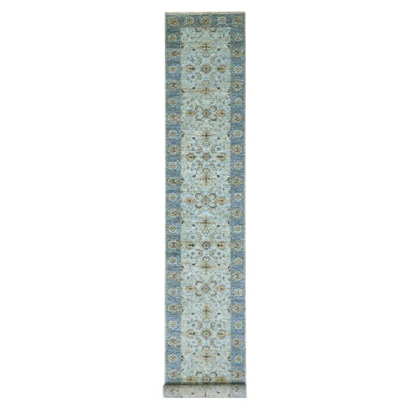 2'9"x16'1" Cruise With True Blue Border, 100% Wool, Hand Knotted, Natural Dyes Denser Weave, Agra, Shah Abbas XL Runner With Floral Pattern, Oriental Rug HR76051