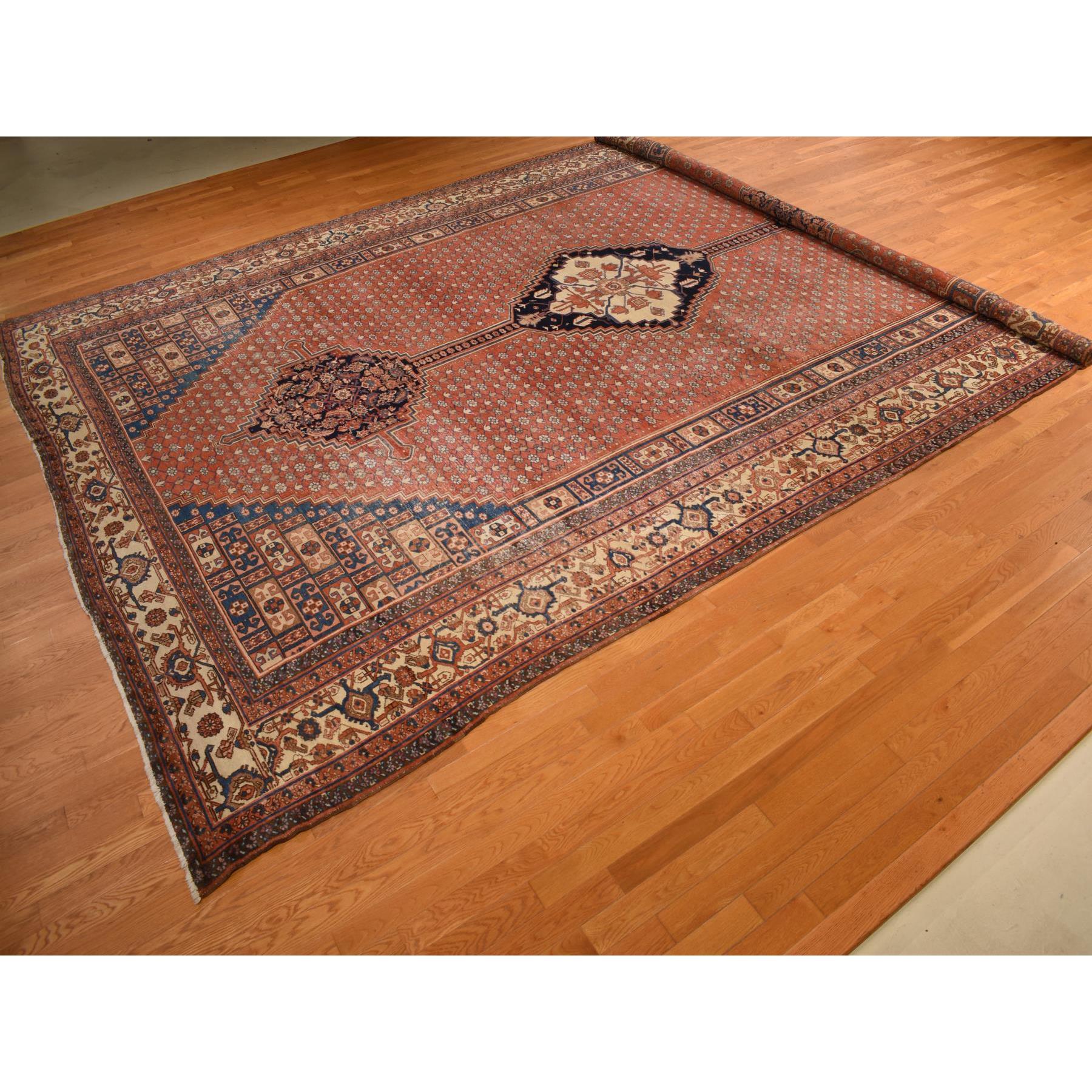 12'6"x19'6" Dark Coral, Antique Persian Bakshaish with Geometric Anchored Medallion Design, Even Wear, Clean, Good Condition, Sides and Ends Secured, 100% Wool, Hand Knotted, XL Long and Narrow, Oriental Rug HR78276 - Image 4
