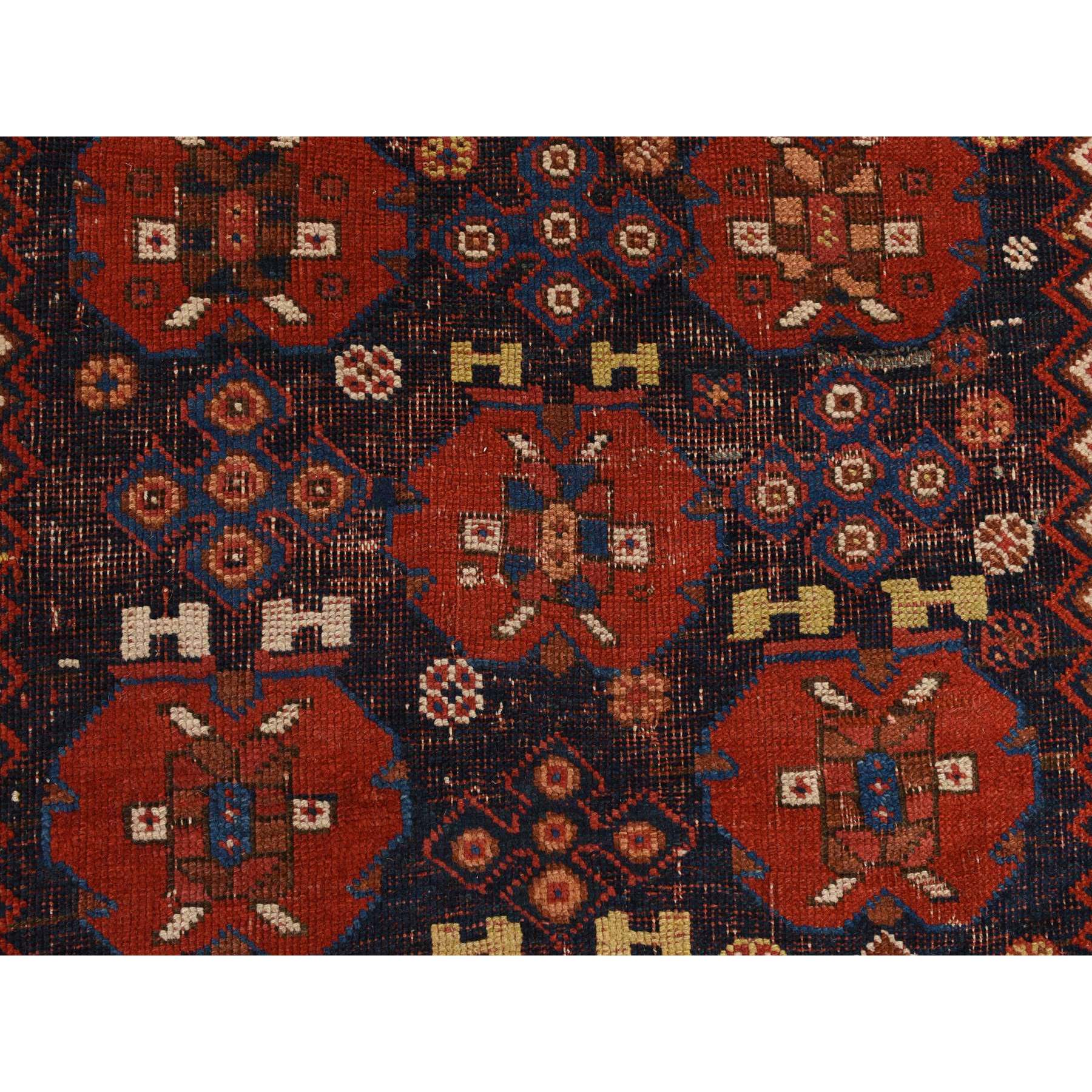 4'1"x5' Midnight Blue with Crimson Red, Antique Persian Afshar, Clean, Even Wear, Wool Weft, Intricate Repetitive Design, Multiple Borders, 100% Wool, Hand Knotted, Oriental, Squarish Rug HR78283 - Image 3