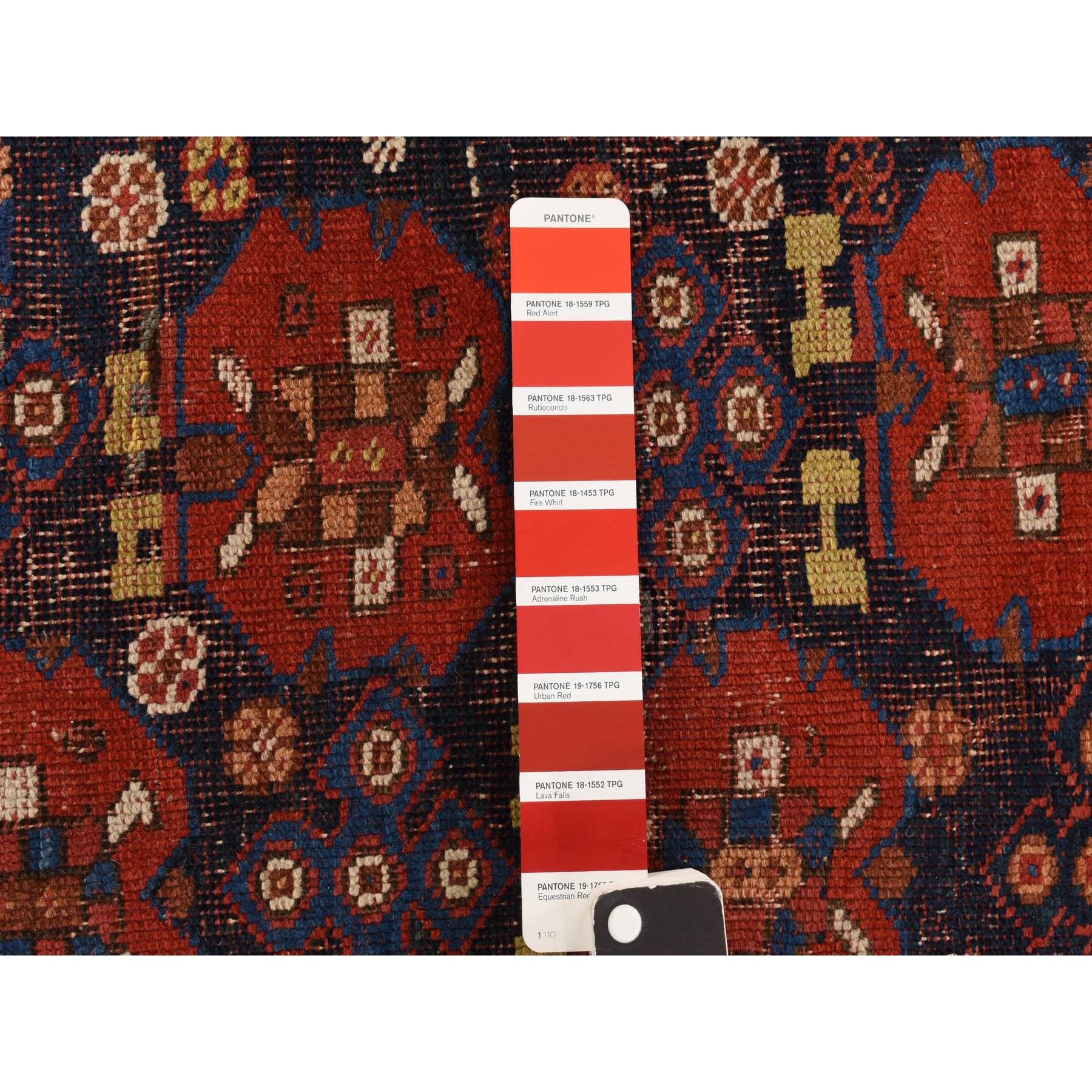 4'1"x5' Midnight Blue with Crimson Red, Antique Persian Afshar, Clean, Even Wear, Wool Weft, Intricate Repetitive Design, Multiple Borders, 100% Wool, Hand Knotted, Oriental, Squarish Rug HR78283 - Image 4