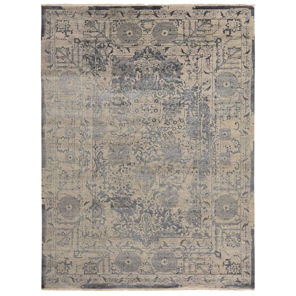 9'1"x12' Tan Color, Broken and Erased Persian Design, Wool and Silk, Transitional, Hand Knotted, Oriental Rug HR78288