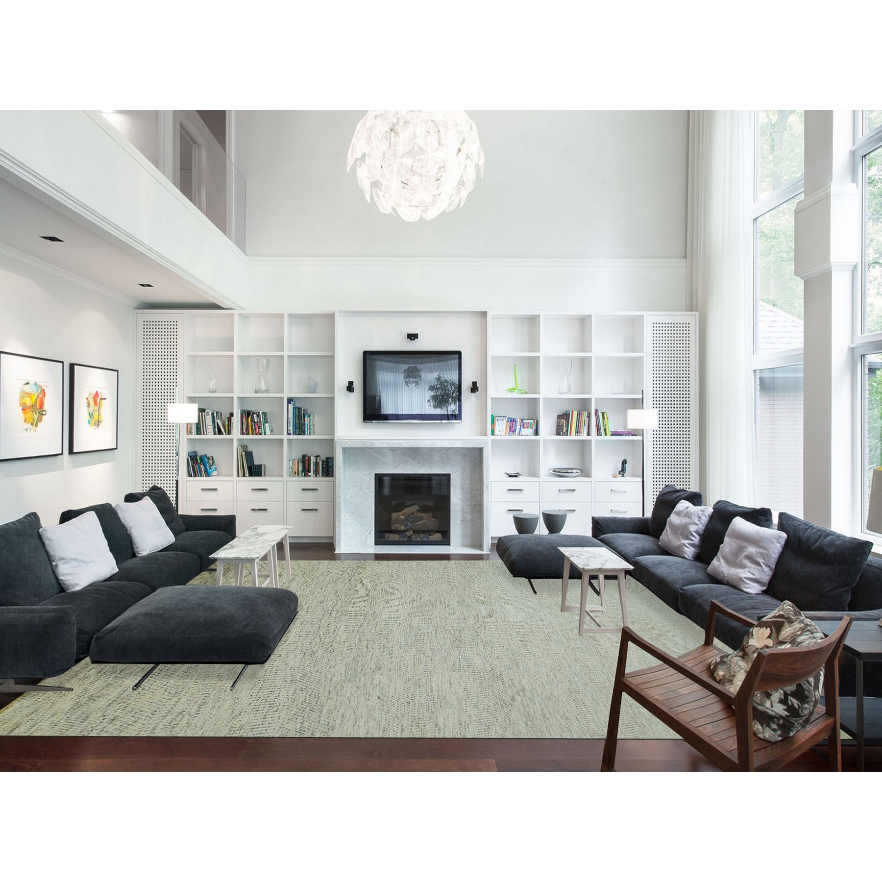 12'x15' Dove White, Hand Knotted 100% Wool, Tone on Tone, Modern Grass Design, Organic Sustainable Textile, Oversized Oriental Rug HR79973 - Image 2