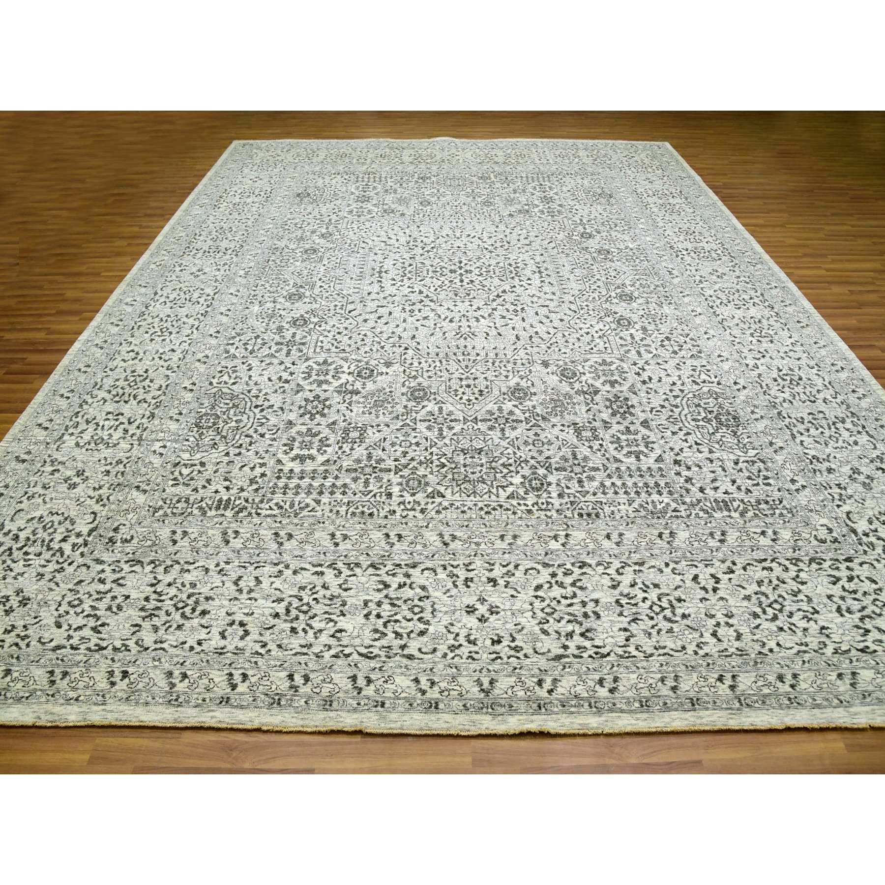12'1"x15'4" Heron White, Mamluk Dynasty Design, Hand Knotted Undyed 100% Wool, Tone on Tone, Oversized Oriental Rug HR79983 - Image 3