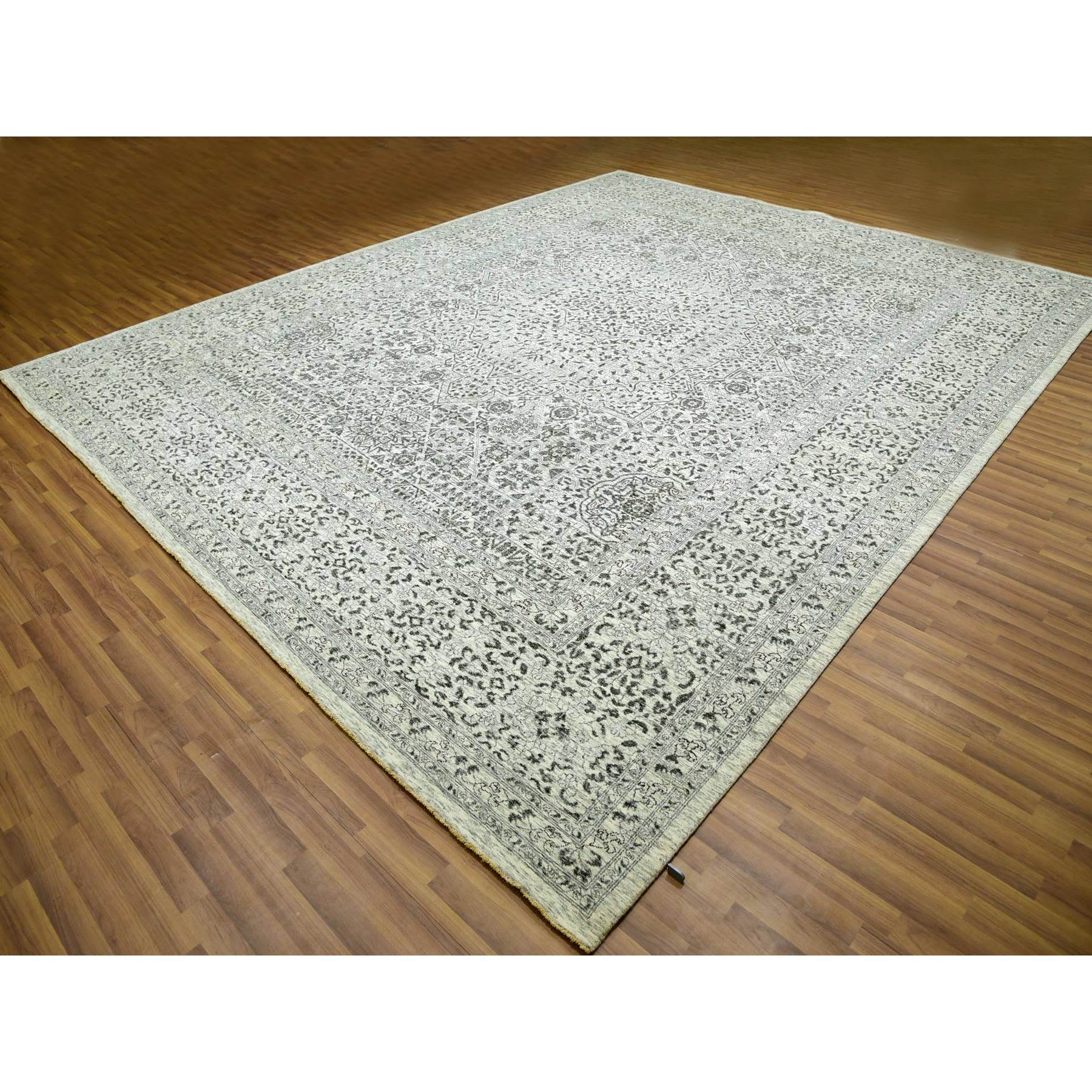 12'1"x15'4" Heron White, Mamluk Dynasty Design, Hand Knotted Undyed 100% Wool, Tone on Tone, Oversized Oriental Rug HR79983 - Image 4
