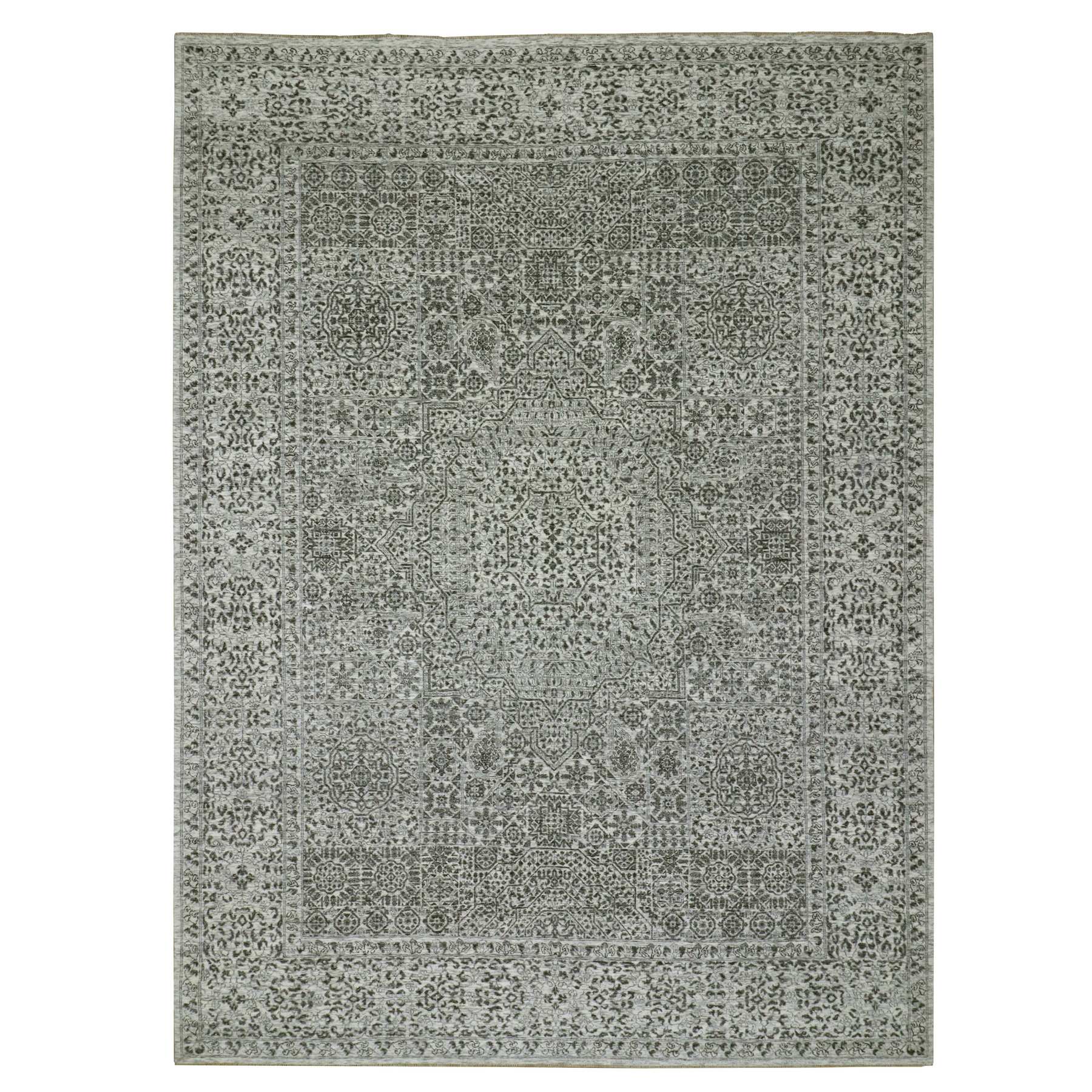 9'x12'2" Diamond White, Mamluk Dynasty Pattern, Tone on Tone, Undyed Vibrant Wool, Hand Knotted, Oriental Rug HR79987